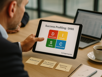 Over-the-shoulder photo of a sales leader pointing at a tablet with a color-coded DISG