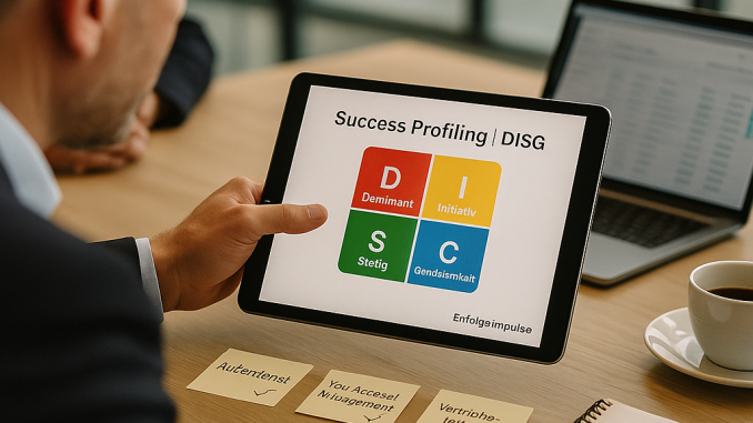 Over-the-shoulder photo of a sales leader pointing at a tablet with a color-coded DISG