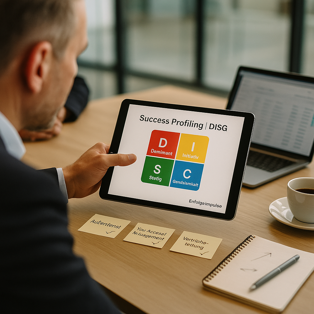 Over-the-shoulder photo of a sales leader pointing at a tablet with a color-coded DISG